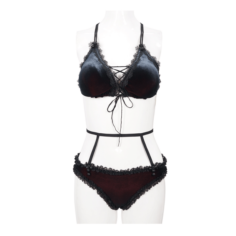 Elegant black and red bikini with lace, featuring strappy waist design for a seductive gothic style.