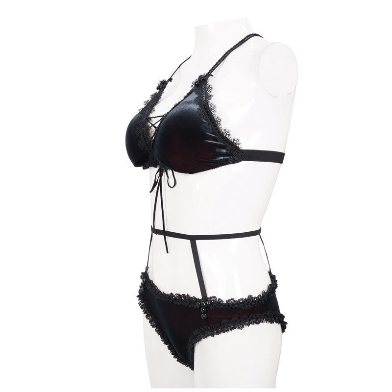 Elegant black and red bikini with lace accents, showcasing a gothic sexy swimsuit style for women.