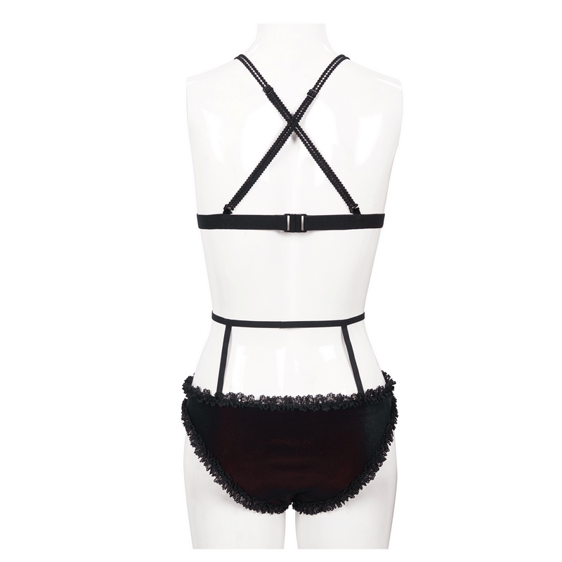 Back view of elegant black and red bikini with lace inserts and straps, highlighting gothic sexy style.