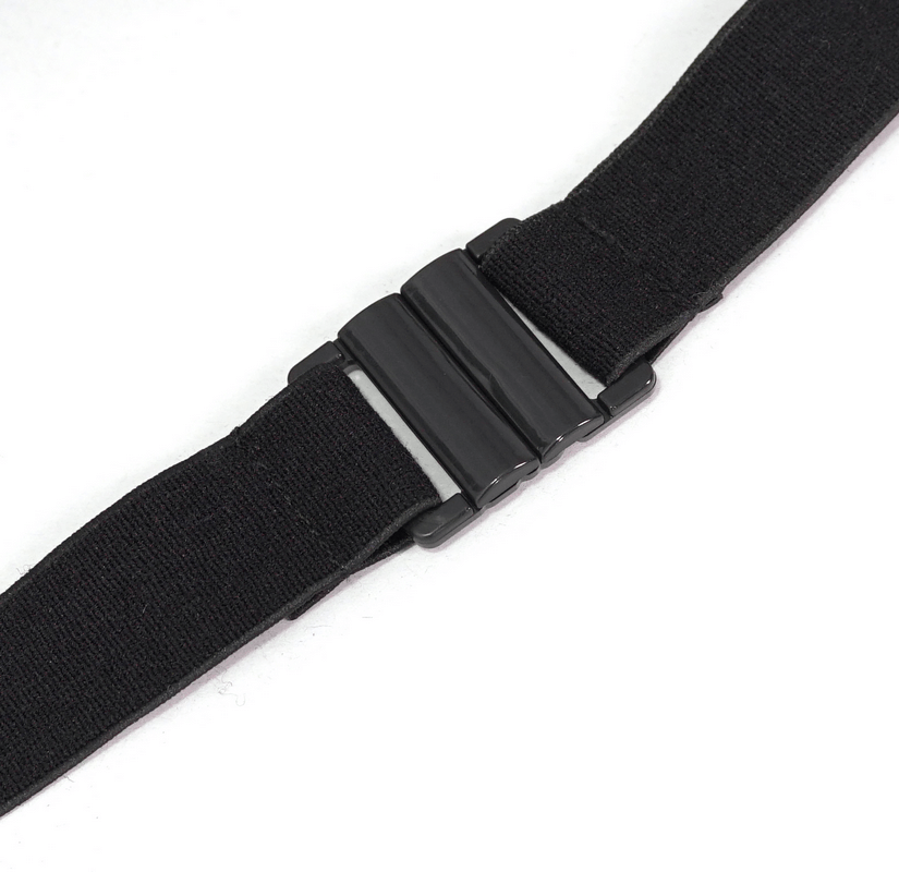 Close-up of a black adjustable bikini strap with a secure buckle for added comfort and style.