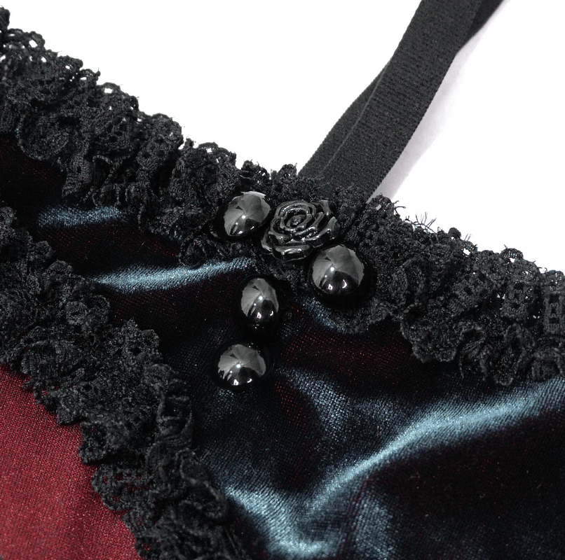 Elegant black and red bikini lace detailing with black rose buttons, perfect for a gothic-inspired swimwear look.
