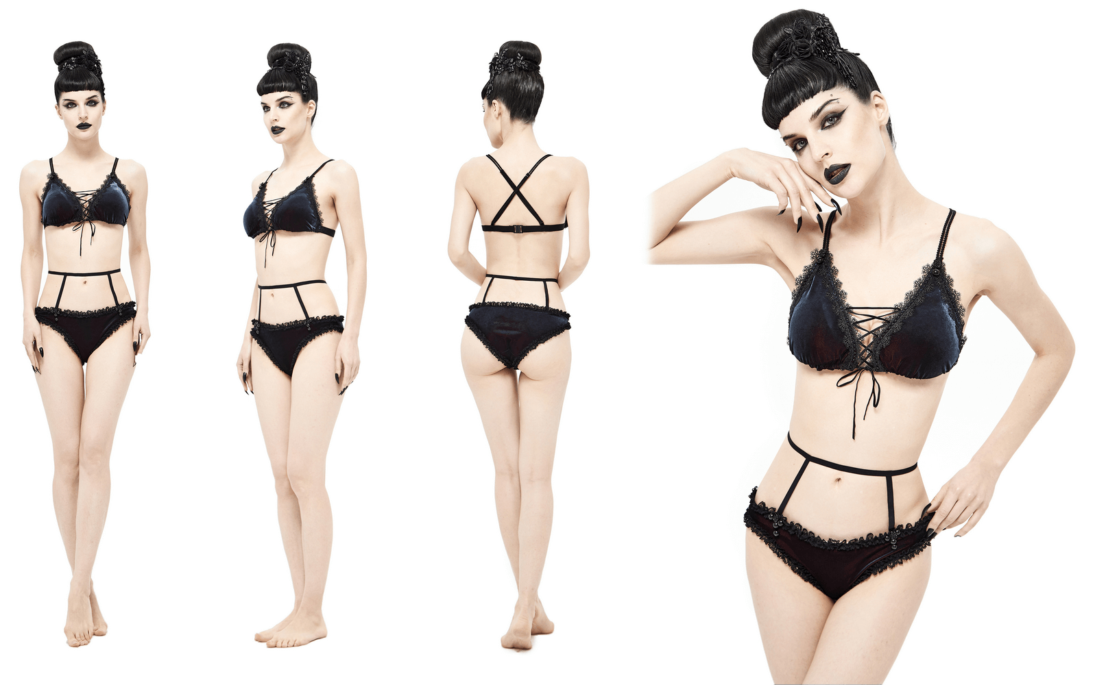 Elegant black and red bikini with lace, showcasing sexy gothic style and flattering cut for women.