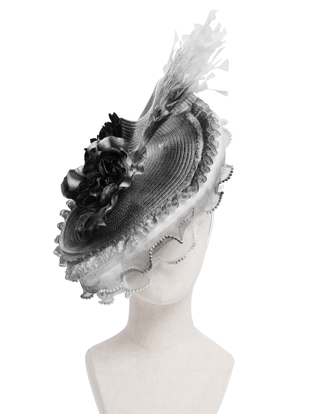 Elegant black and white floral fascinator hat with feathers for special occasions like weddings and gothic gatherings.