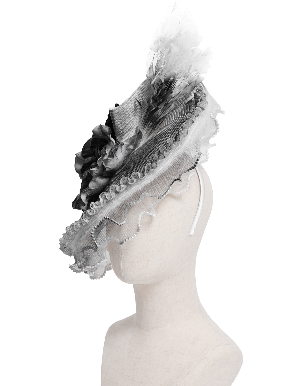 Elegant black and white floral fascinator hat with feathers for gothic and special occasions.