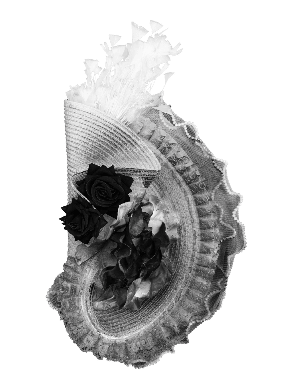 Elegant black and white floral fascinator hat with feathers, perfect for gothic and special occasions.