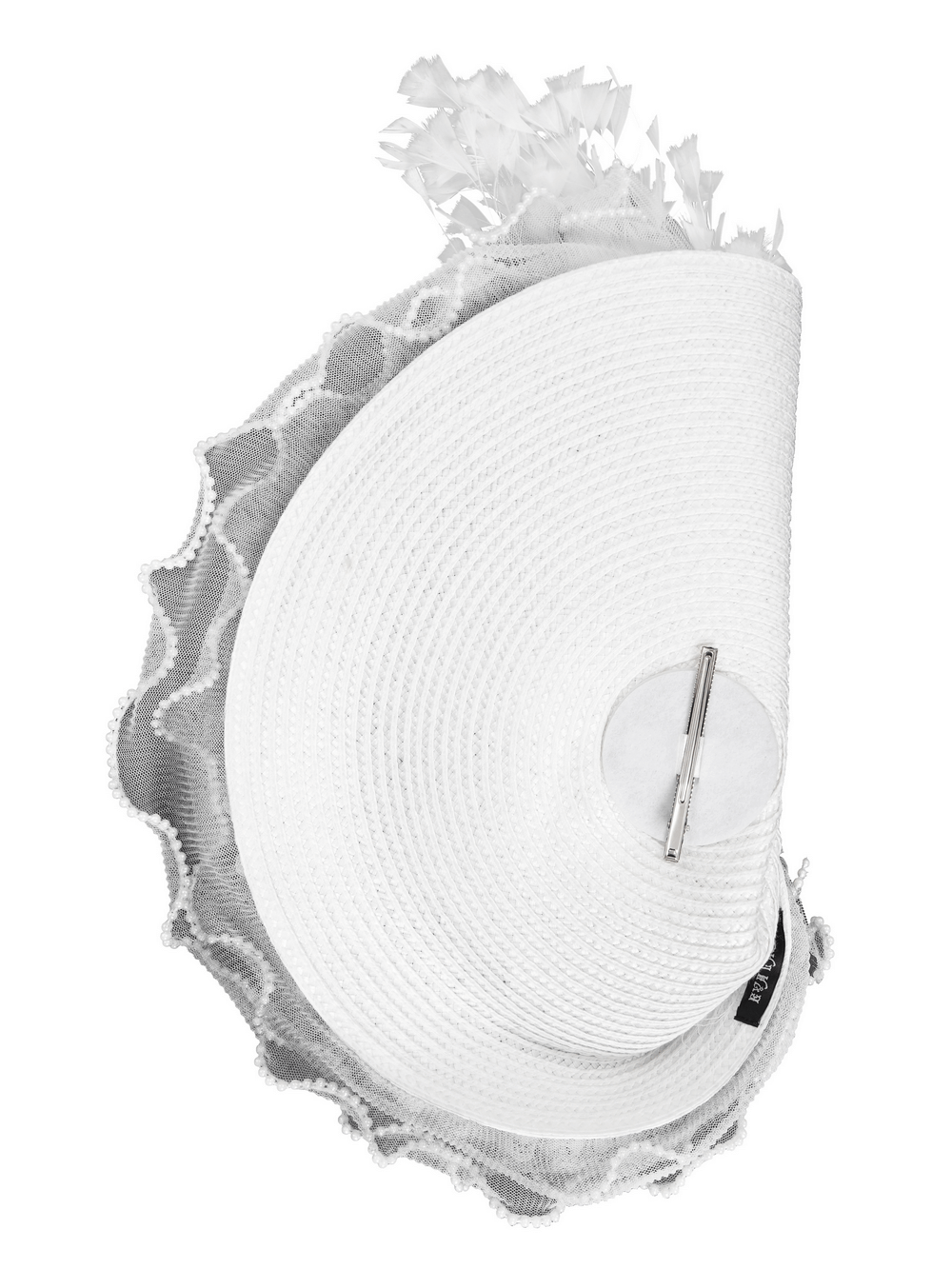 Elegant white fascinator hat with delicate feathers and intricate lace detailing for special occasions.