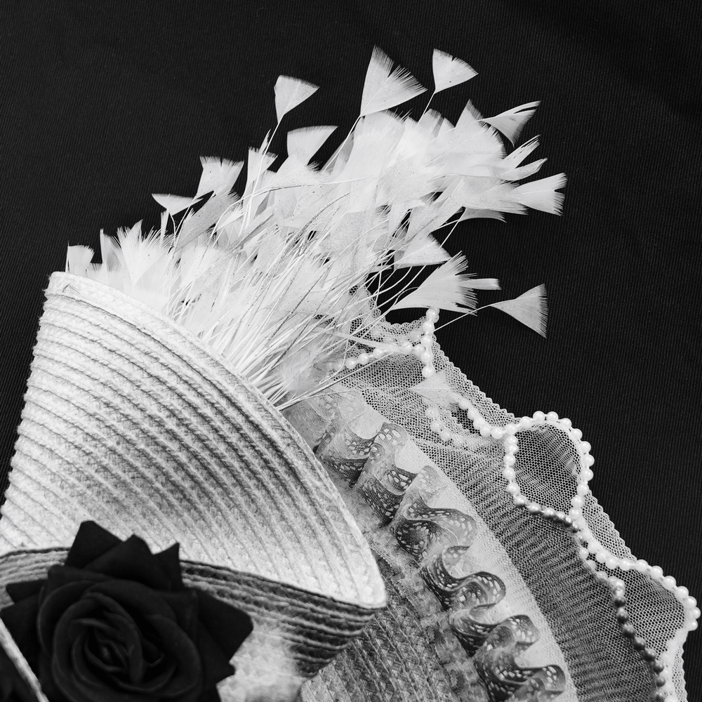 Elegant black and white fascinator hat with floral accents and whimsical feathers.