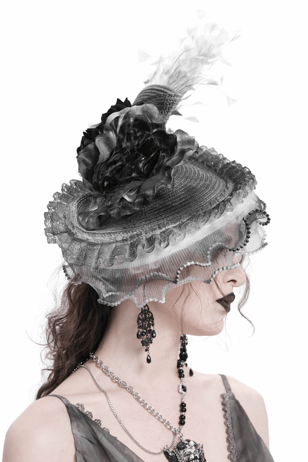 Elegant black and white floral fascinator hat with feathers for gothic occasions and special events.