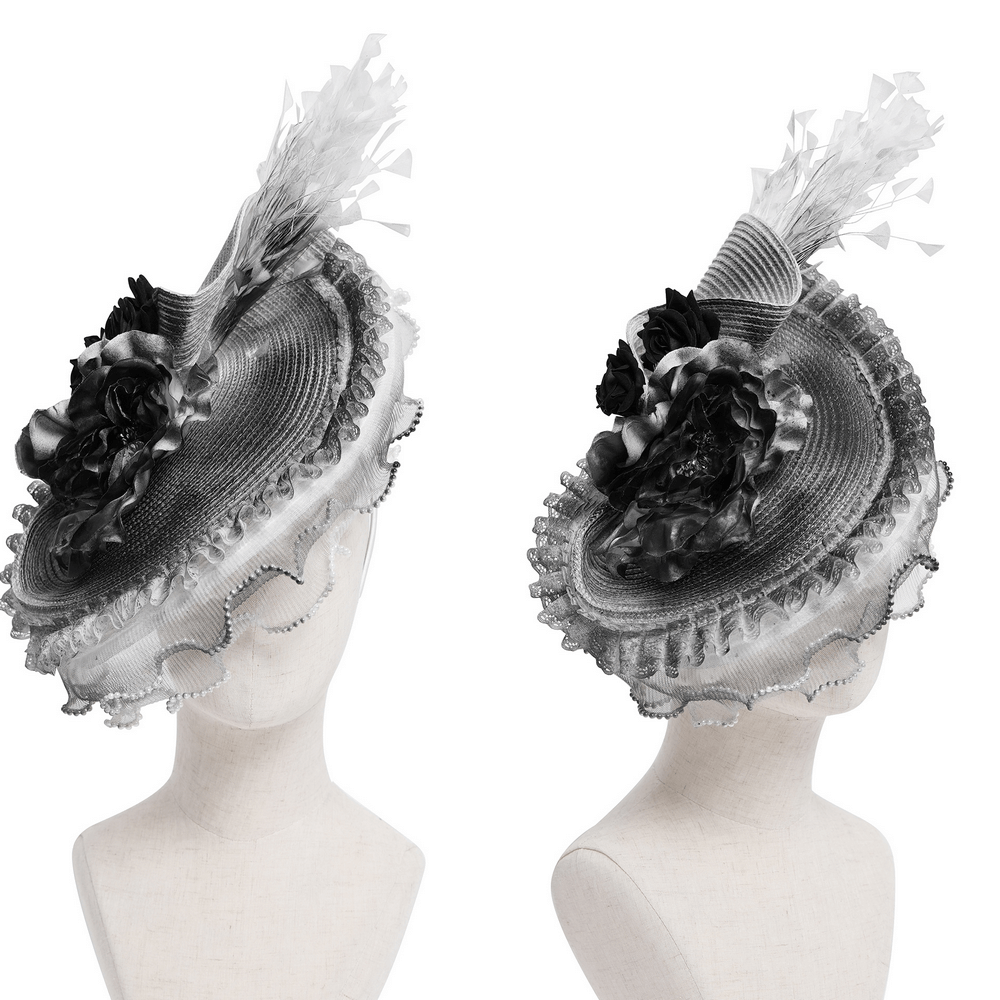 Elegant black and white floral fascinator hat with feathers, perfect for gothic and special occasions.