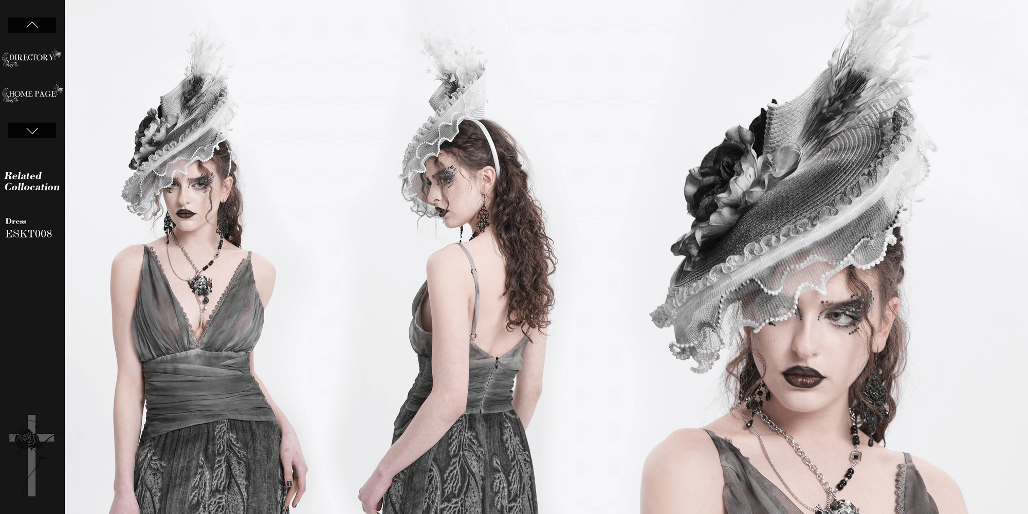 Elegant black and white floral fascinator hat with feathers, ideal for gothic and special occasions.