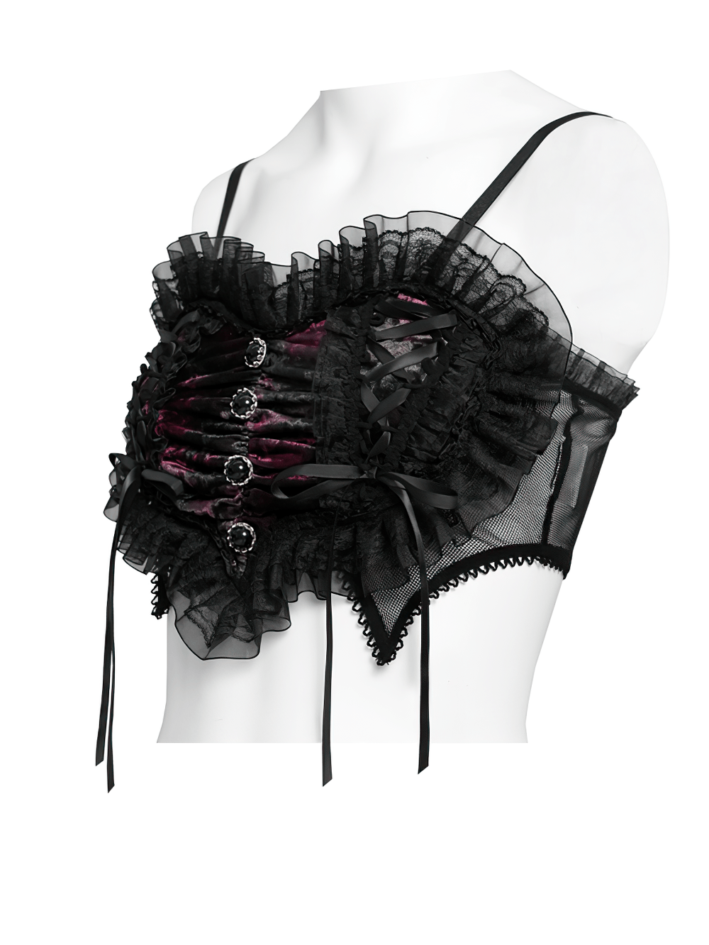Elegant Black-Burgundy Gothic Mesh Ruffle Bustier Top