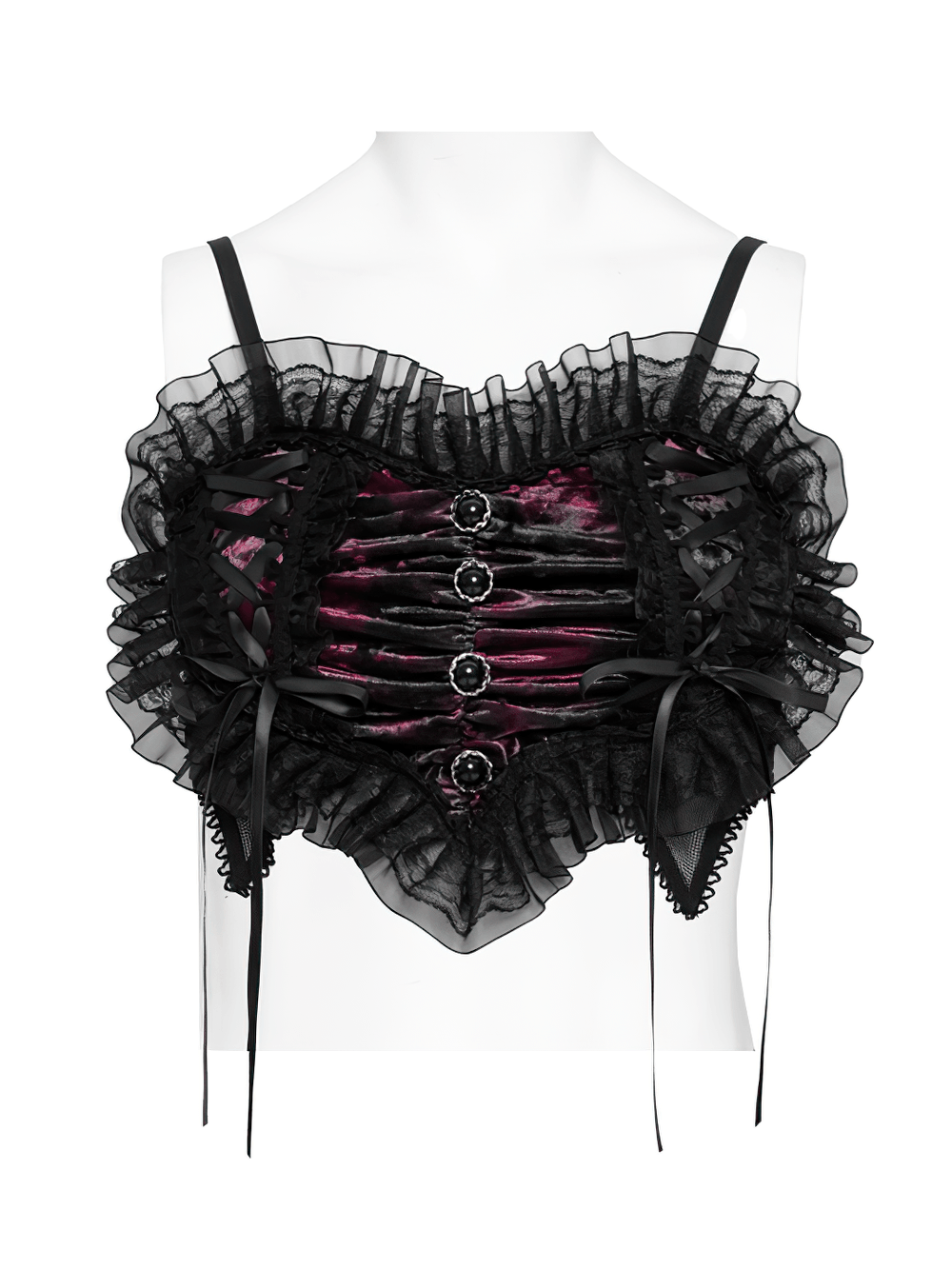 Elegant Black-Burgundy Gothic Mesh Ruffle Bustier Top
