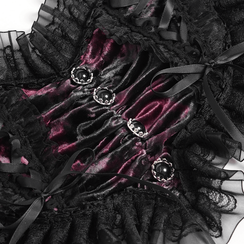 Elegant Black-Burgundy Gothic Mesh Ruffle Bustier Top