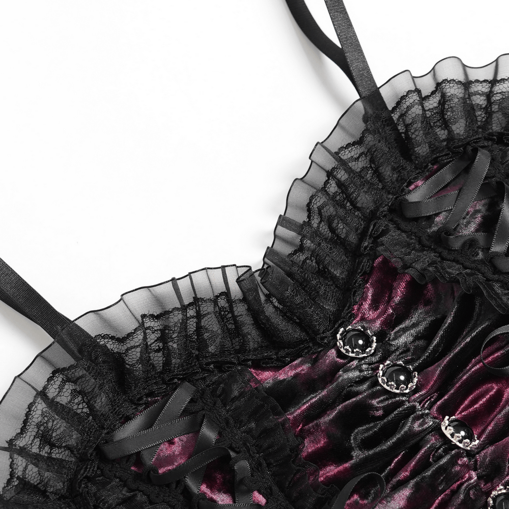 Elegant Black-Burgundy Gothic Mesh Ruffle Bustier Top