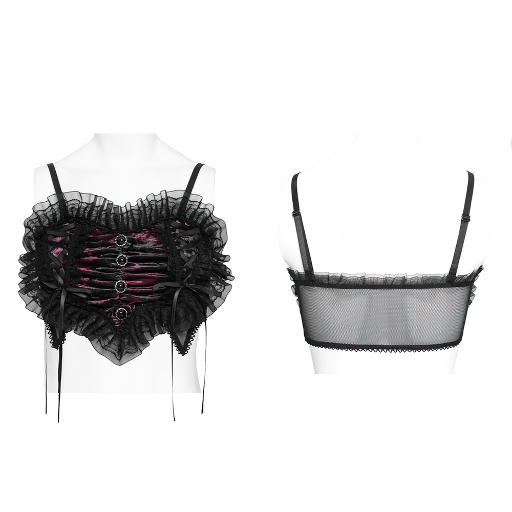Elegant Black-Burgundy Gothic Mesh Ruffle Bustier Top