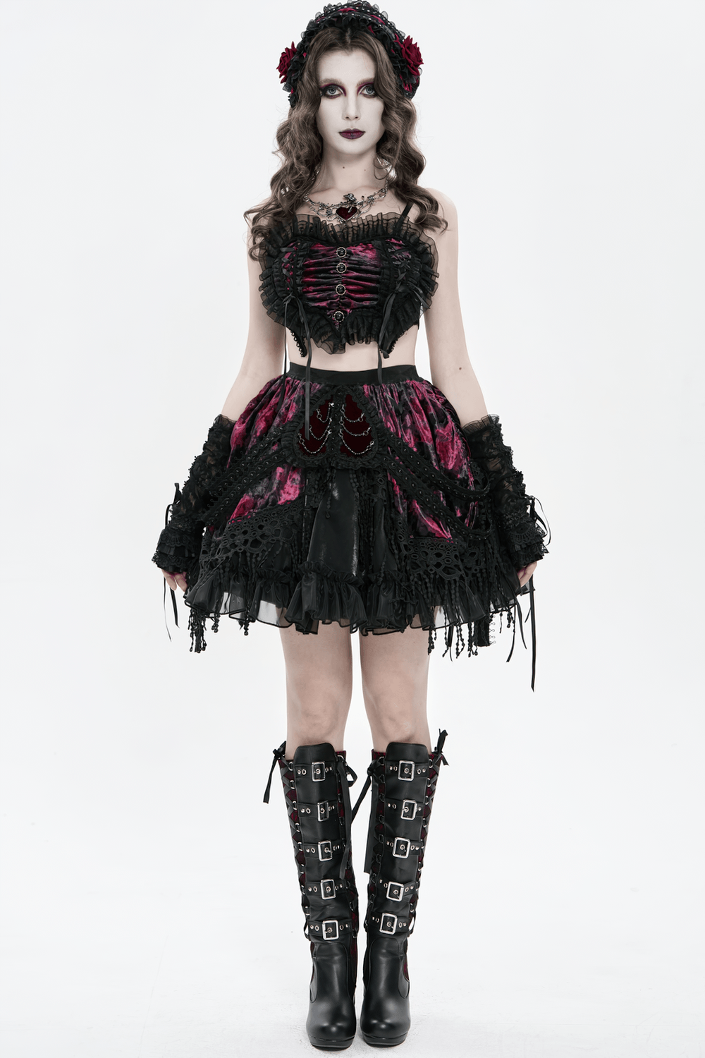 Elegant Black-Burgundy Gothic Mesh Ruffle Bustier Top