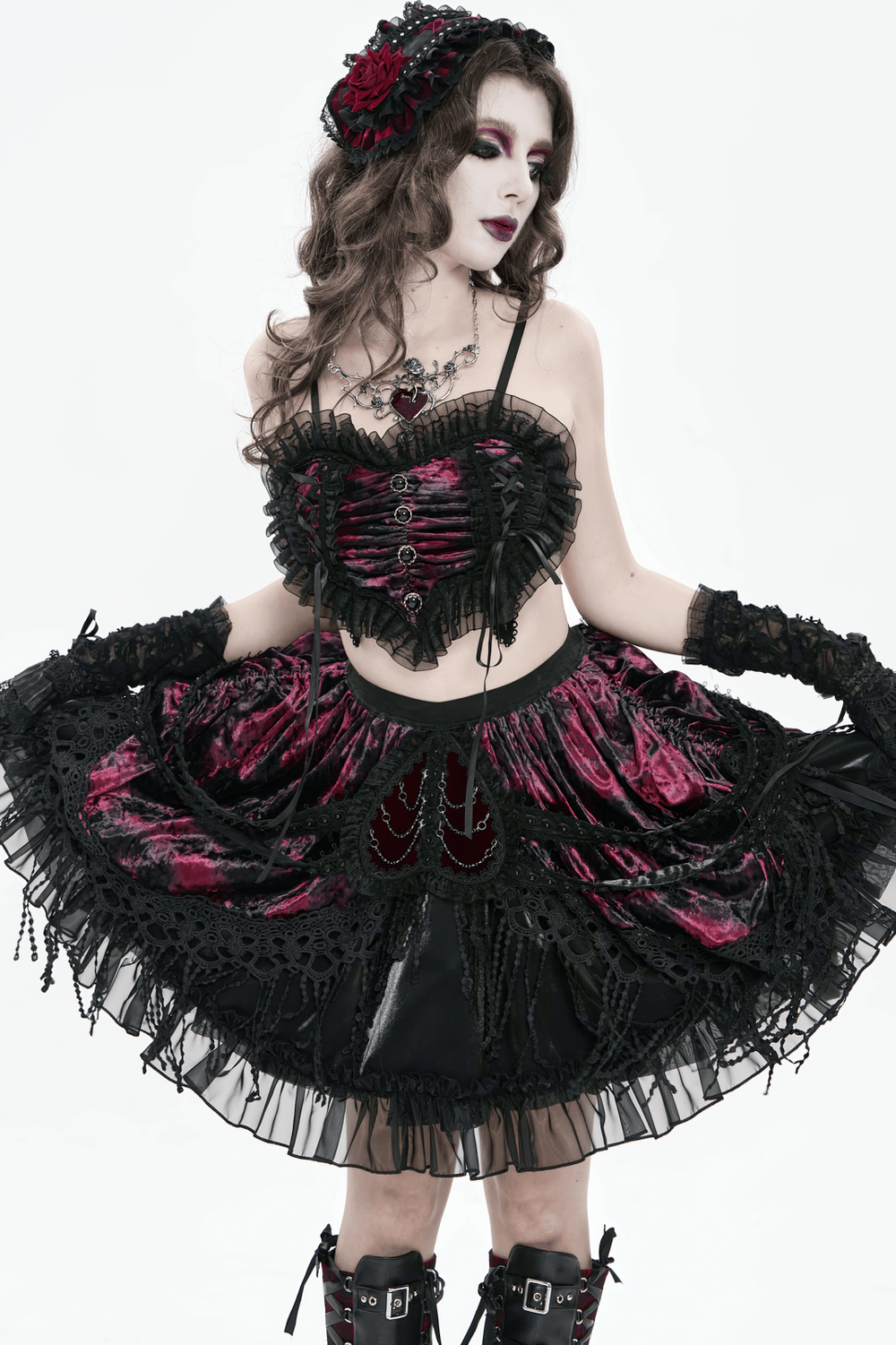 Elegant Black-Burgundy Gothic Mesh Ruffle Bustier Top