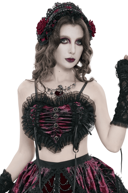 Elegantes schwarz-burgunderrotes gotisches Netz-Rüschen-Bustier-Top