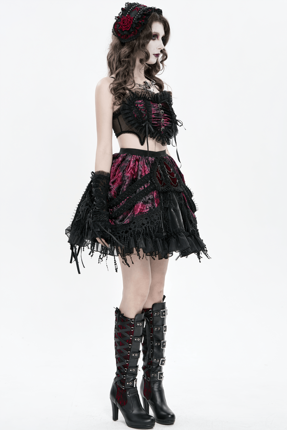 Elegant Black-Burgundy Gothic Mesh Ruffle Bustier Top