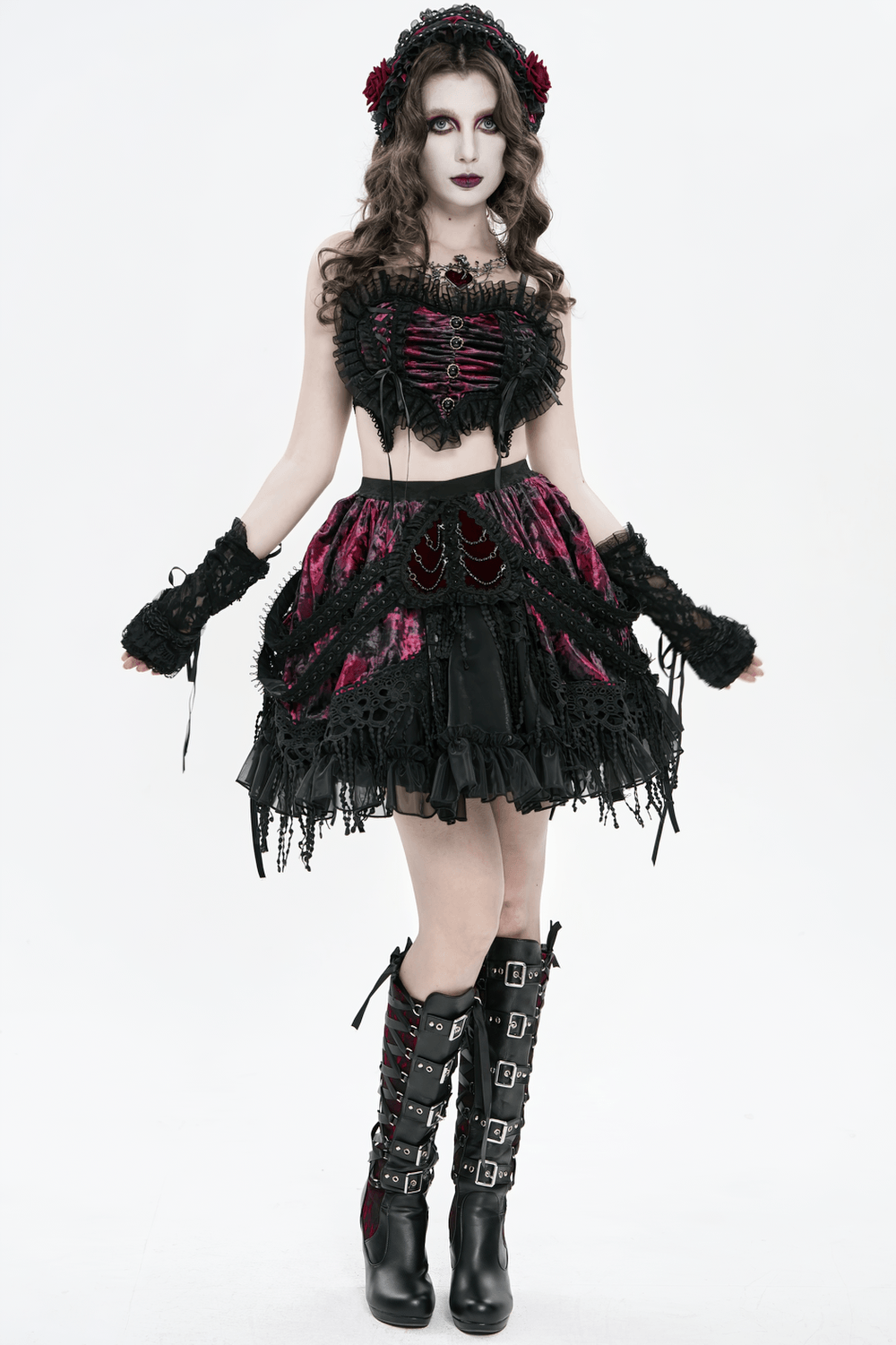 Elegant Black-Burgundy Gothic Mesh Ruffle Bustier Top