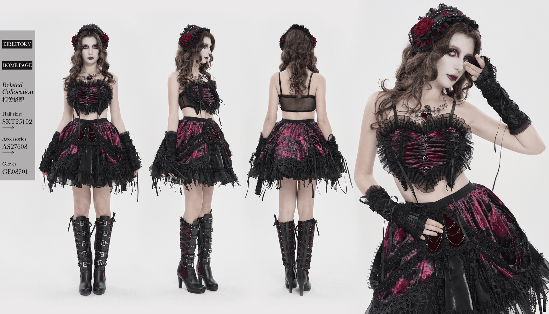 Elegant Black-Burgundy Gothic Mesh Ruffle Bustier Top