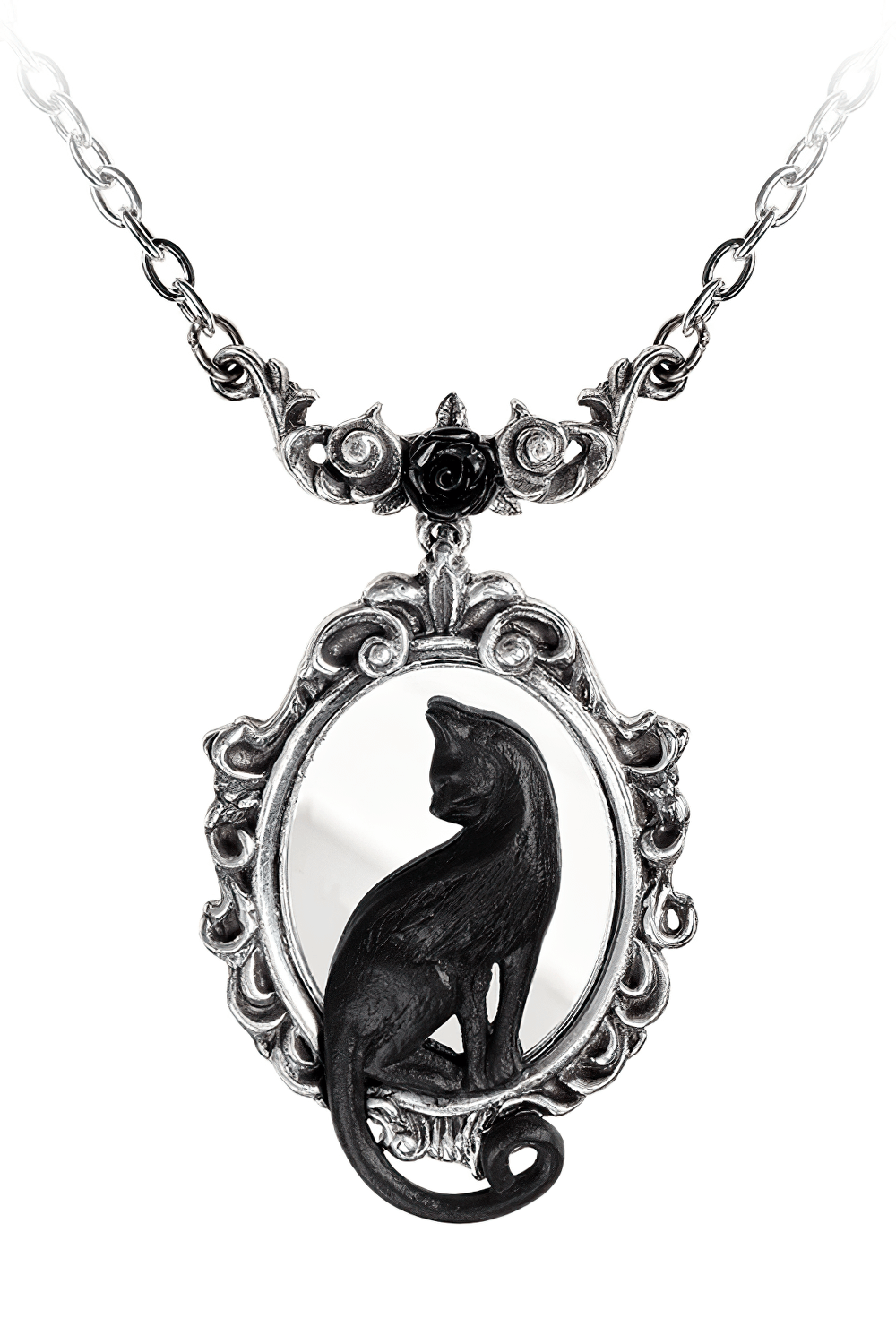 Elegant black cat mirror necklace with ornate frame, perfect for gothic fashion lovers.