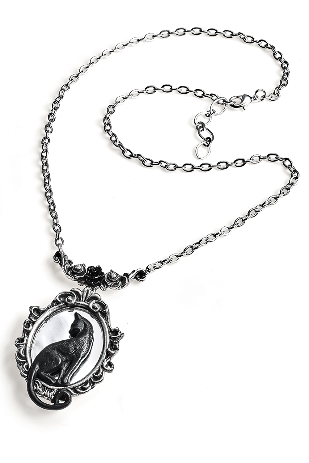 Elegant black cat mirror necklace with ornate frame, a stunning statement piece for gothic fashion lovers.