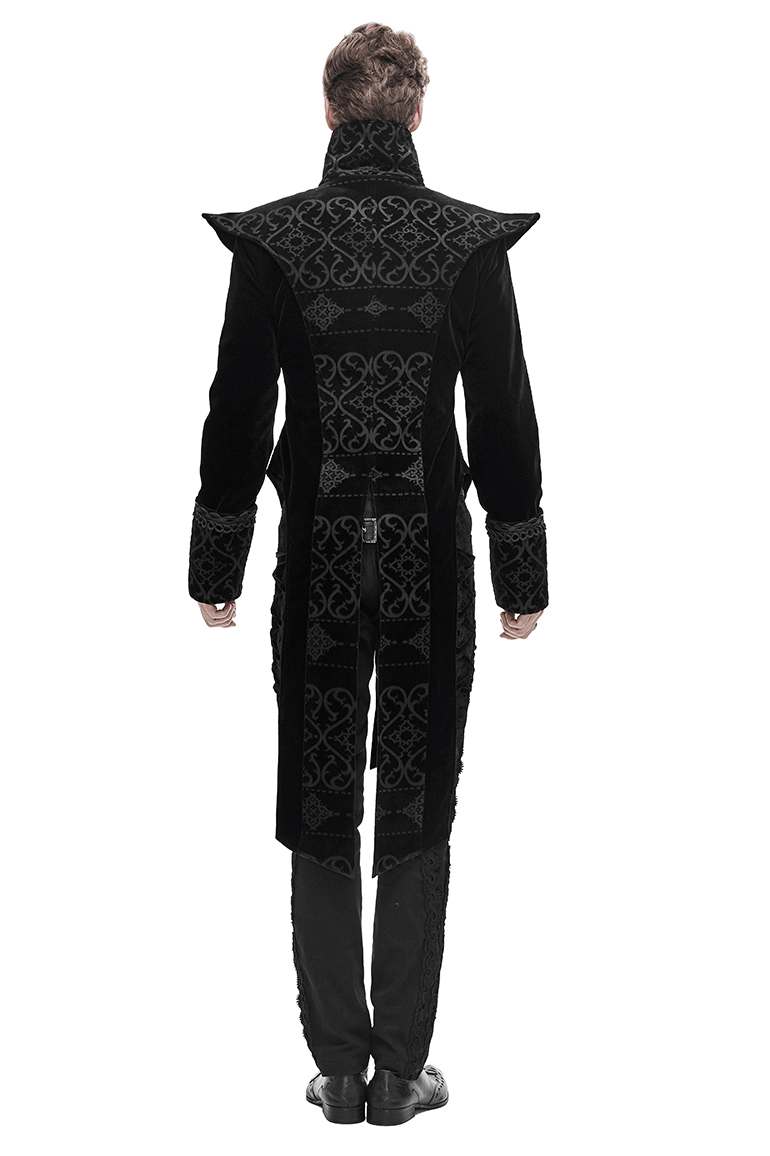 Back view of a men's elegant black coat featuring pointed shoulders and gothic-style patterns.