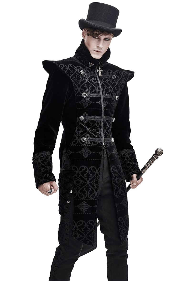 Elegant black gothic coat with engraved buttons and pointed shoulders, styled with a top hat and cane.