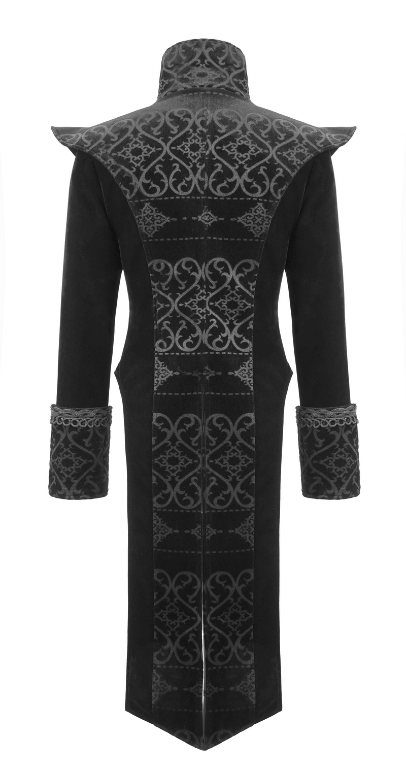 Elegant black gothic coat with pointed shoulders and intricate silver applique design.