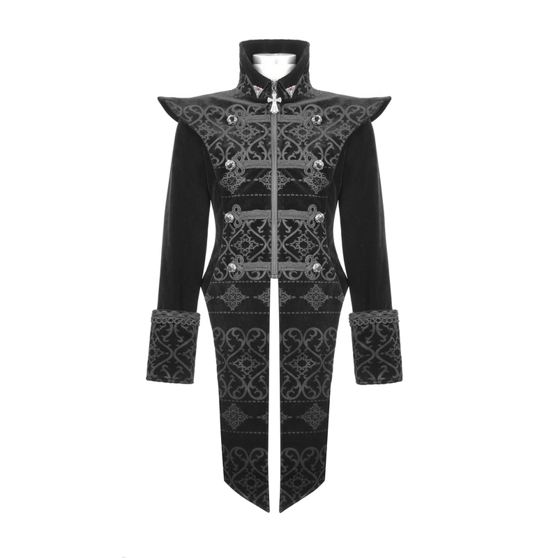 Elegant black gothic coat with pointed shoulders and intricate silver appliques, perfect for vintage outfits.