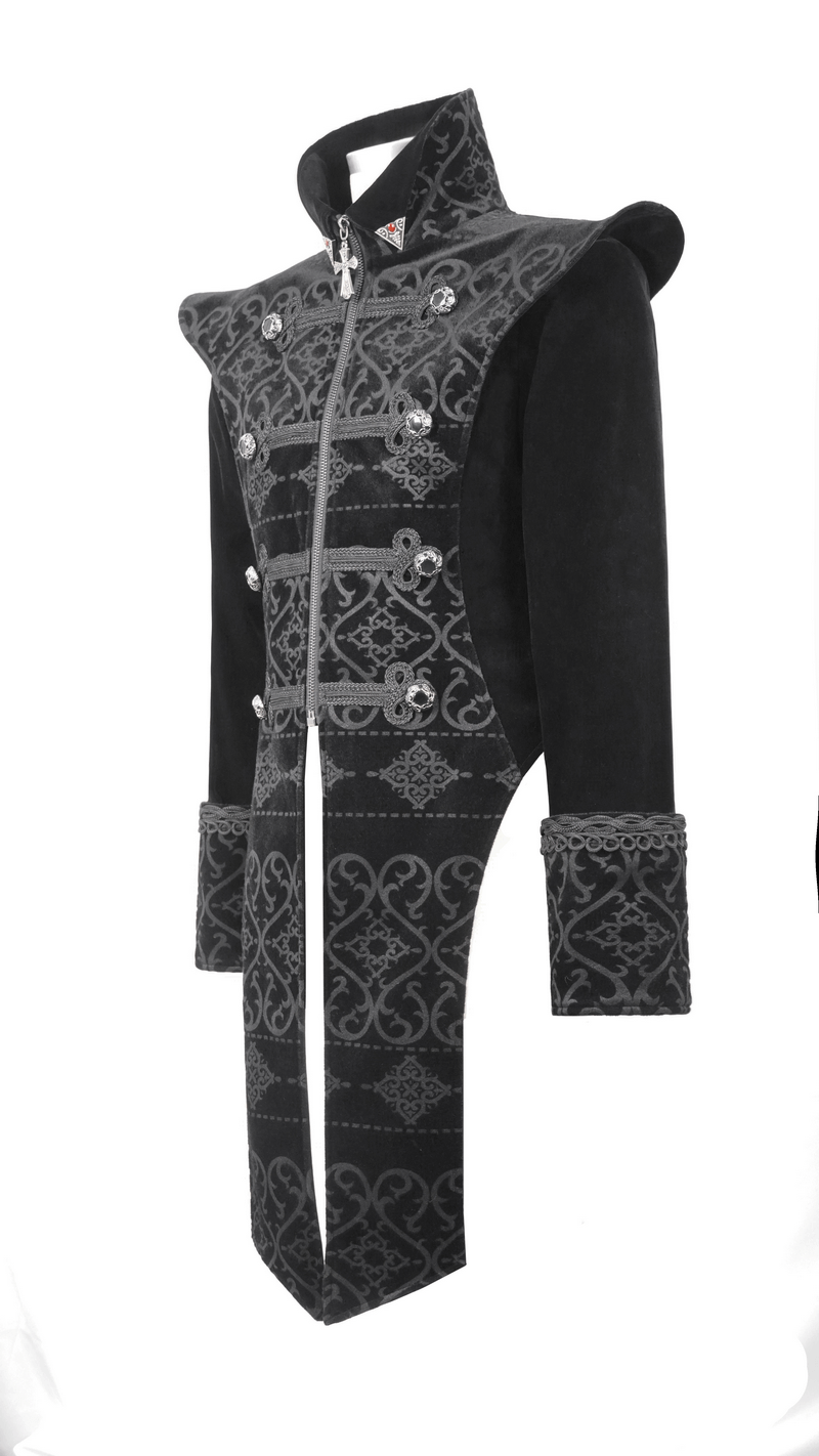 Elegant black gothic coat with pointed shoulders and intricate silver buttons, perfect for vintage-inspired outfits.