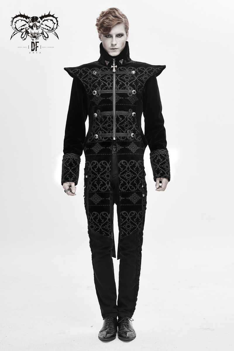 Elegant men's vintage black coat with pointed shoulders and gothic silver engravings, perfect for edgy outfits.