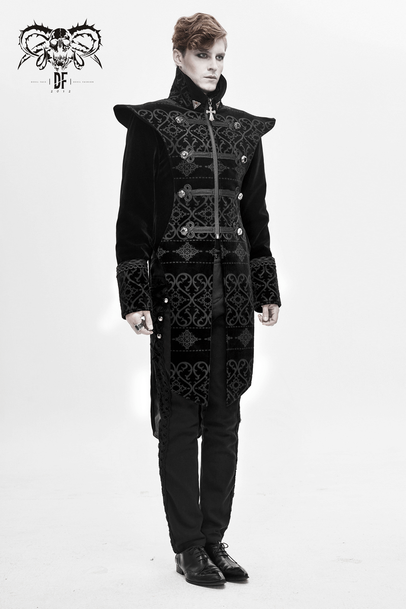 Elegant black gothic coat with pointed shoulders and engraved buttons, showcasing a vintage look.