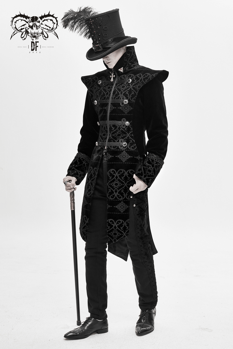 Men's gothic black coat with pointed shoulders, silver buttons, and top hat for elegant vintage outfits.