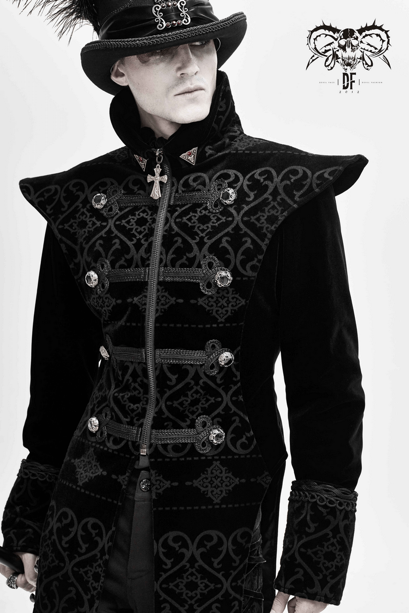 Men's elegant black gothic coat with pointed shoulders and engraved silver buttons, showcasing vintage style.