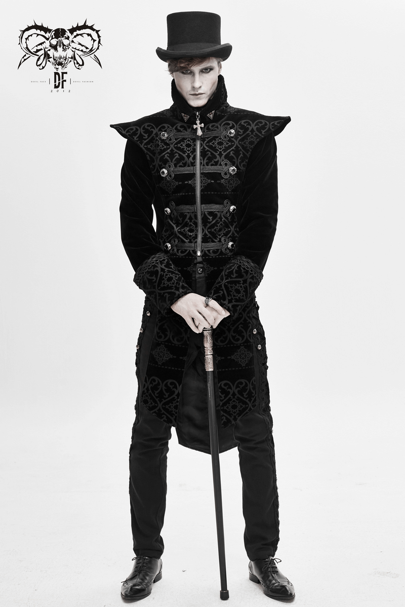 Elegant black gothic coat with pointed shoulders and engraved buttons, styled with a top hat and cane.