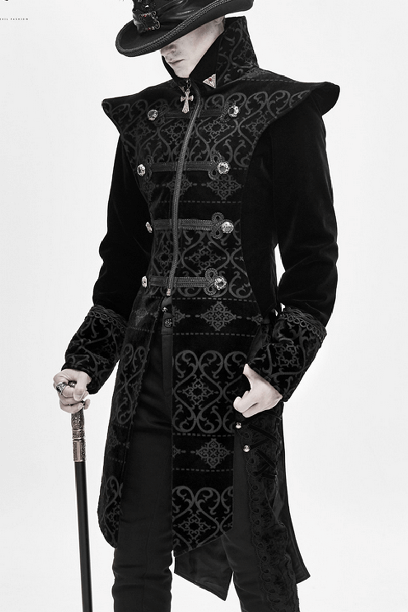 Elegant men's black gothic coat with pointed shoulders and engraved silver buttons, perfect for vintage outfits.