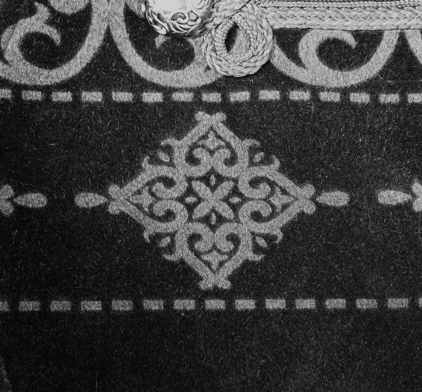 Close-up of elegant black coat's gothic pattern and silver buttons, showcasing intricate detailing and vintage charm.