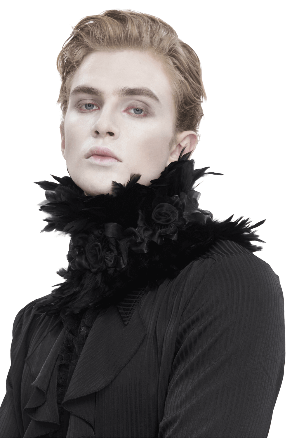 Gothic floral black collar adorned with fabric flowers and soft feathers, perfect for adding a touch of elegance.
