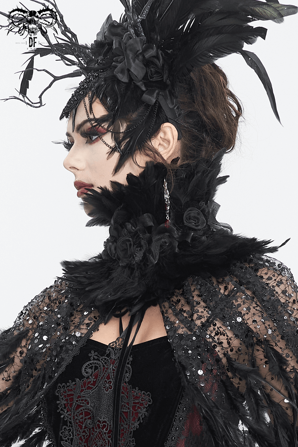 Gothic black collar adorned with soft feathers and fabric flowers, worn elegantly with a striking lace outfit.