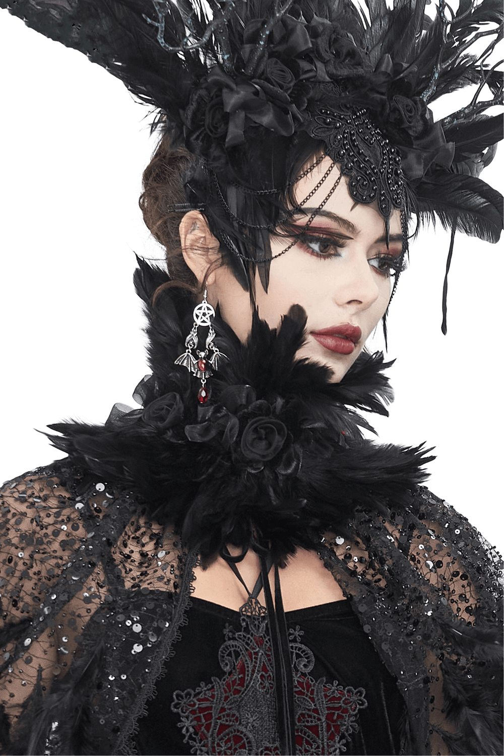 Elegant Black Collar with Fabric Flowers and Feathers