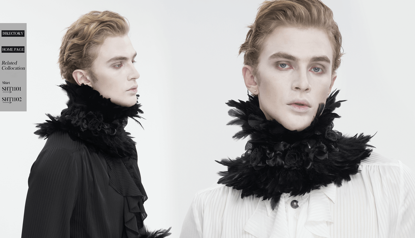 Elegant gothic black collar adorned with fabric flowers and feathers on model, showcasing intricate design and style.