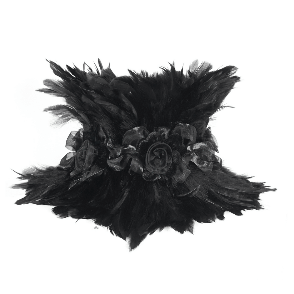 Elegant black collar adorned with fabric flowers and soft feathers for a gothic touch.