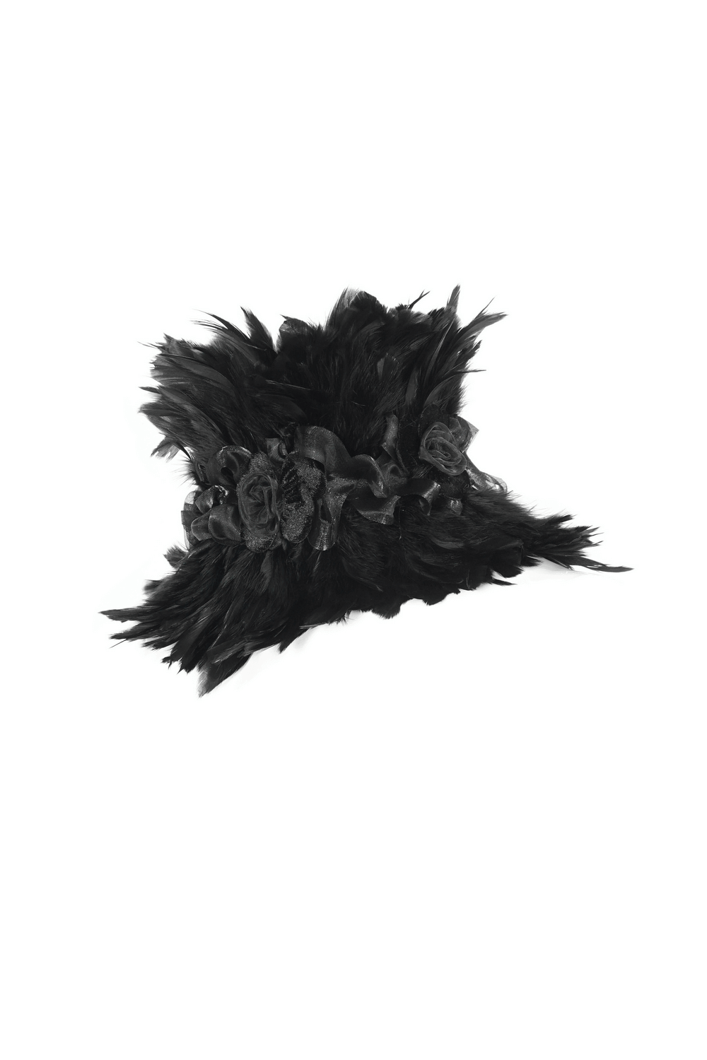 Elegant black collar adorned with fabric flowers and soft feathers for gothic romance.