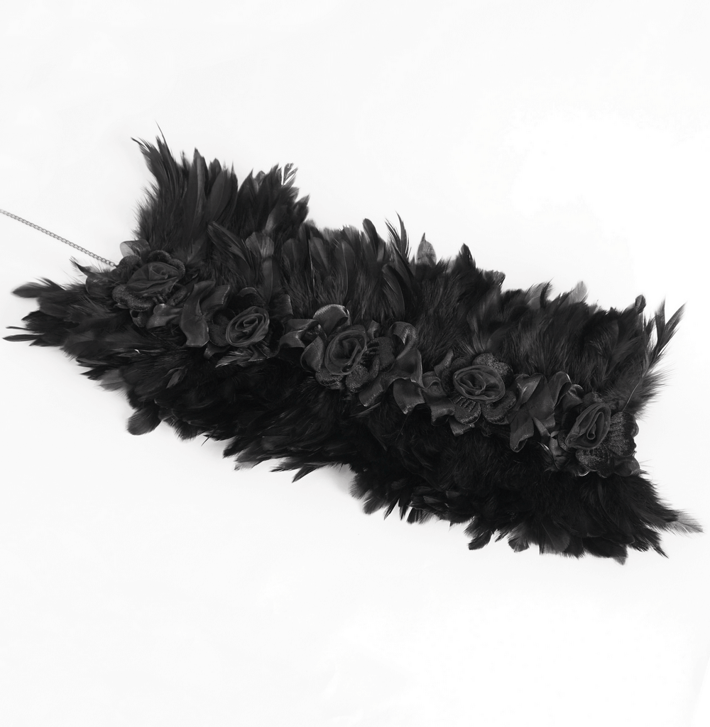 Gothic black collar adorned with fabric flowers and soft feathers, perfect for adding a touch of elegance.