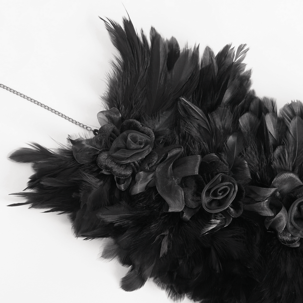 Elegant black collar adorned with fabric flowers and soft feathers for a gothic romantic look.