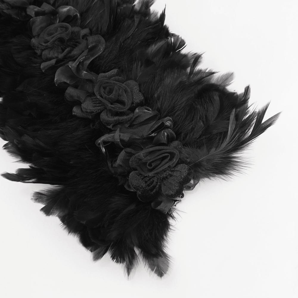 Elegant Black Collar with Fabric Flowers and Feathers