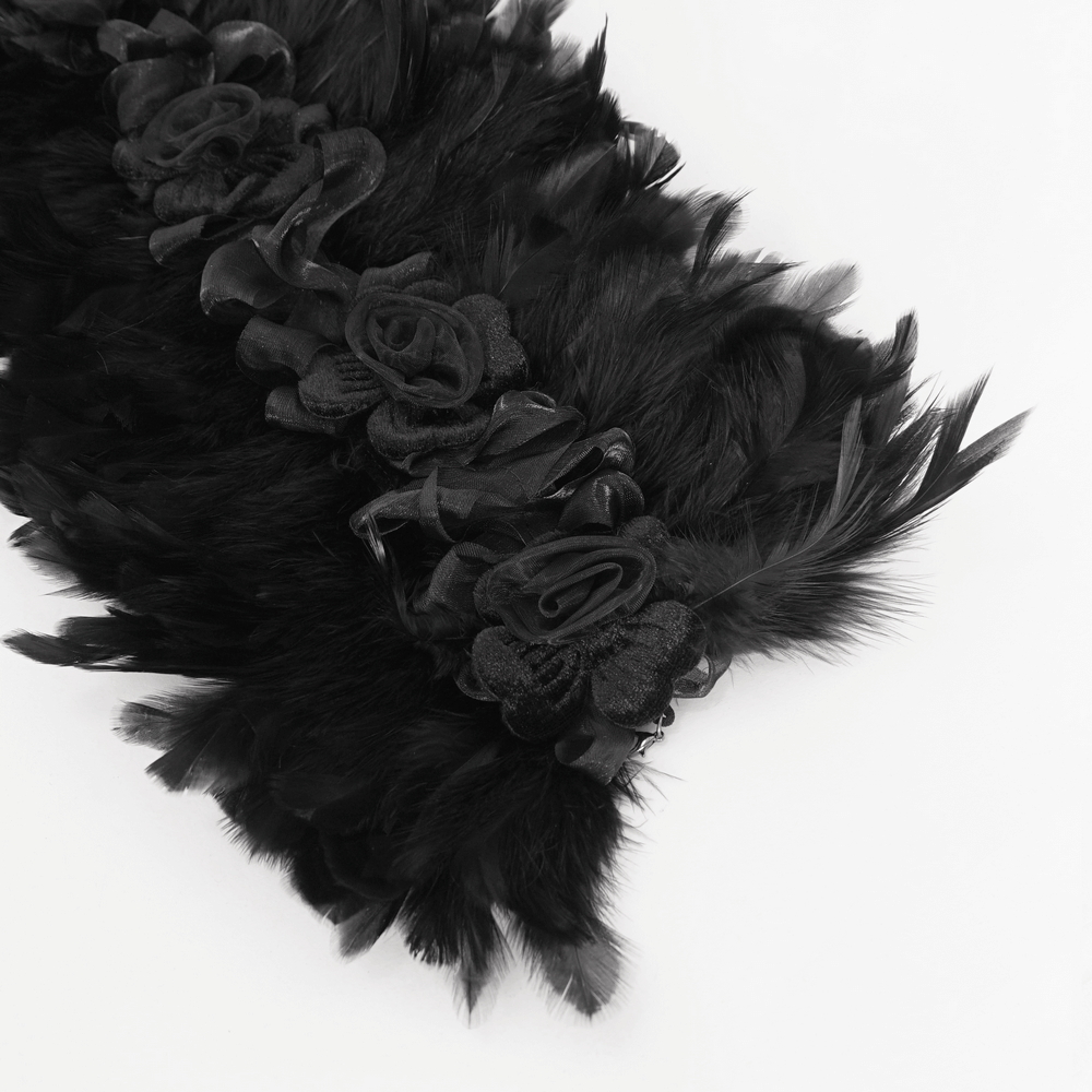 Elegant black collar adorned with fabric flowers and soft feathers for gothic romantic style.