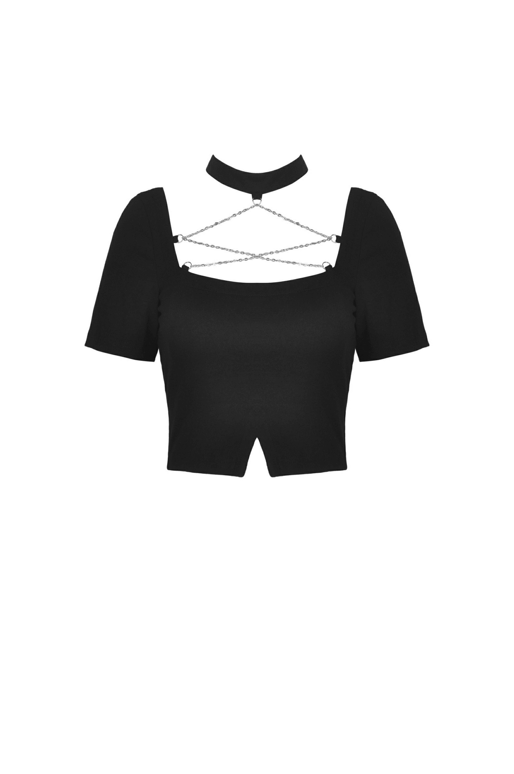 Elegant black crop top with unique neckline and chain detail, featuring intricate front lacing for a chic look.